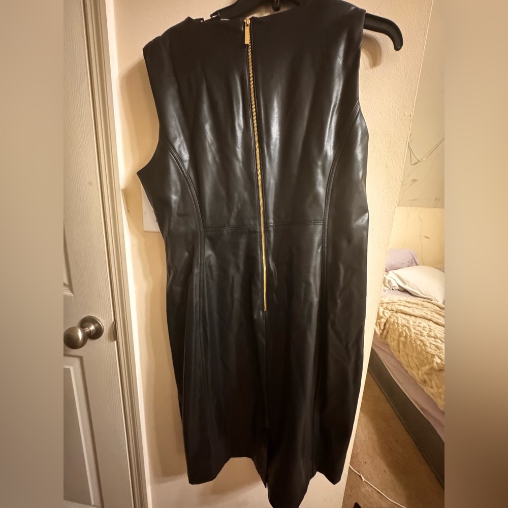 Calvin Klein Faux Leather Sleek Black Sleeveless Dress - Picture 8 of 9